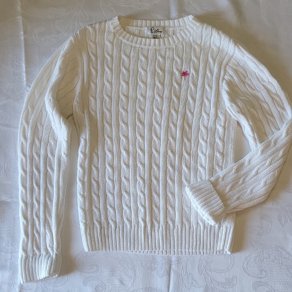 Lilly Pulitzer White Cable Knit Sweater with Pink Logo